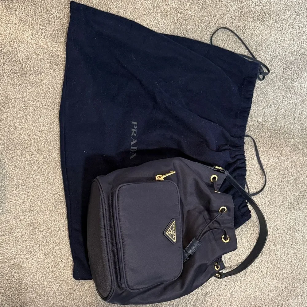 Prada Navy Blue Hobo Bag with Gold Accents